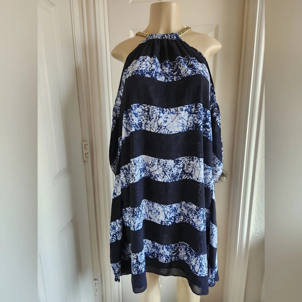 Michael Kors Striped Tie Dye Blue Chain Halter Dress‎ Size M